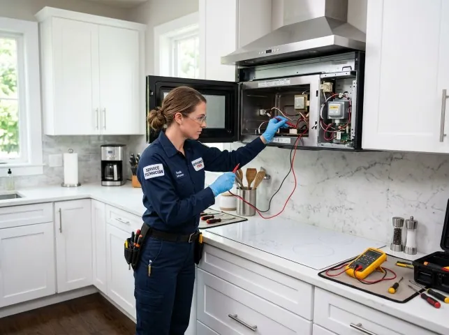 Appliance Repair Hero technician testing an over-the-range microwave in a Brady Lake, OH kitchen